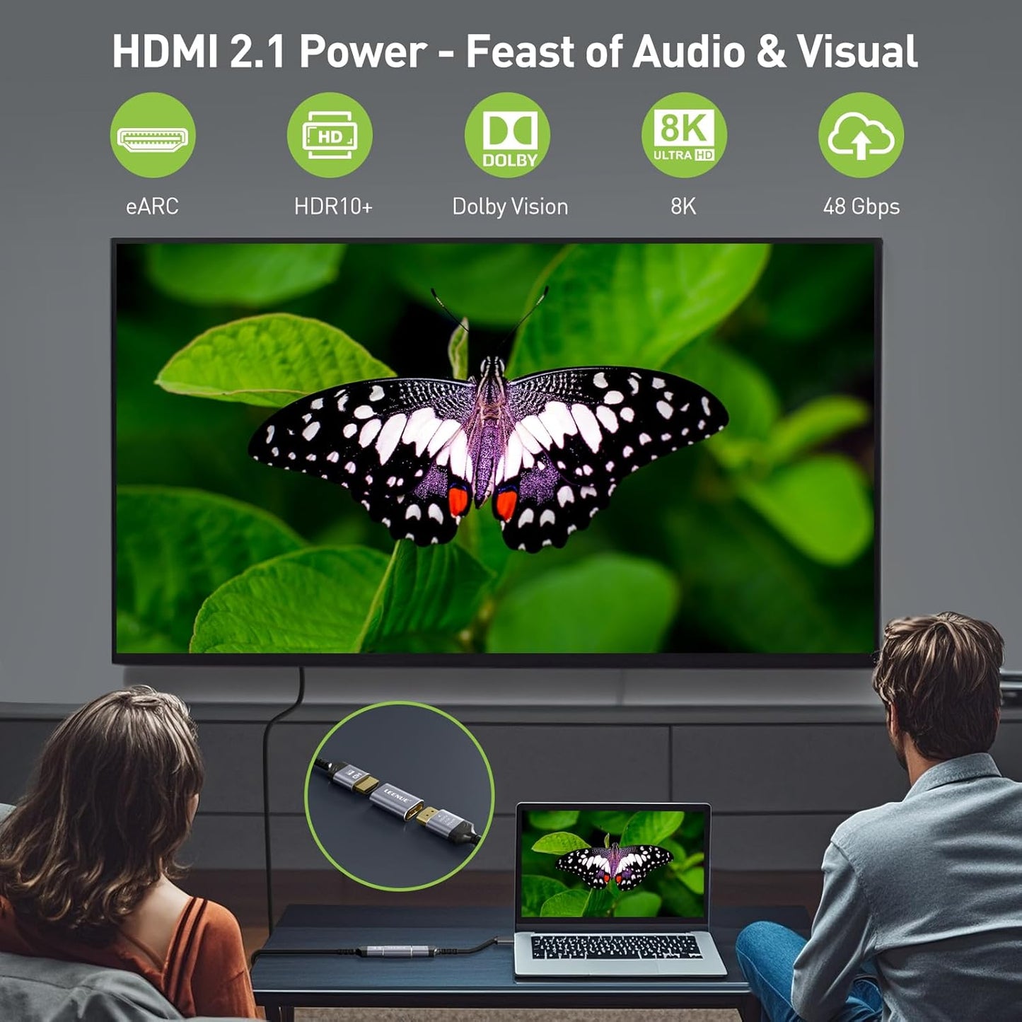 LEENUE HDMI Coupler 8K Female to Female Connector, HDMI 2.1 Aluminum Adapter, 8K@60Hz / 4K@120Hz, 2 Pack