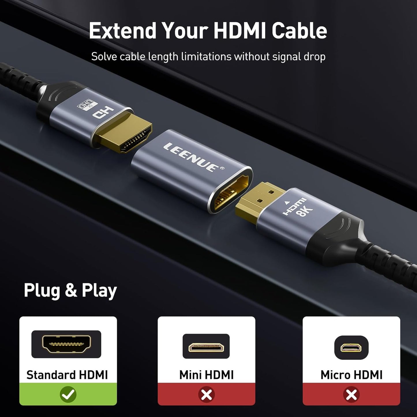 LEENUE HDMI Coupler 8K Female to Female Connector, HDMI 2.1 Aluminum Adapter, 8K@60Hz / 4K@120Hz, 2 Pack