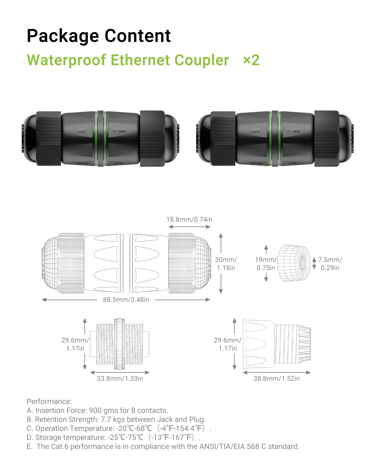 LEENUE CAT6 Waterproof RJ45 Coupler IP68 Short Profile
