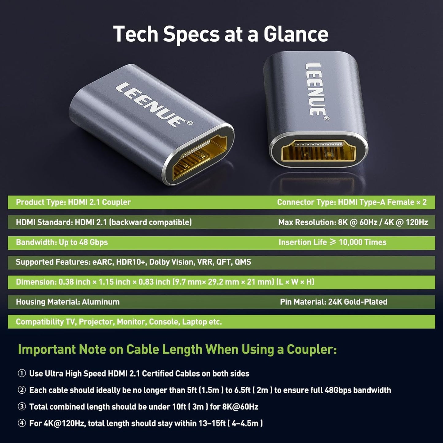 LEENUE HDMI Coupler 8K Female to Female Connector, HDMI 2.1 Aluminum Adapter, 8K@60Hz / 4K@120Hz, 2 Pack